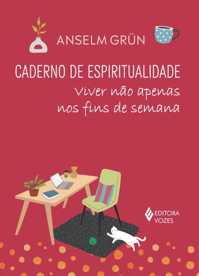 Capa de livro Caderno de espiritualidade de Anselm Grün com ilustração de escritório e gato