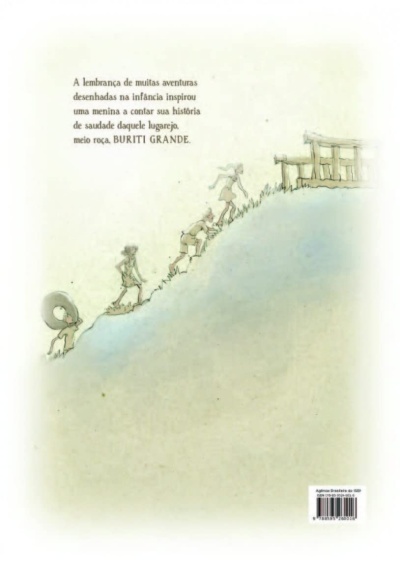 Ilustração de crianças subindo colina com texto em português sobre Buriti Grande