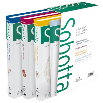 Conjunto de livros Sabottã sobre anatomia humana, quatro volumes com capas coloridas.