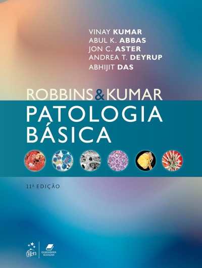 Capa do livro Robbins & Kumar Patologia Básica com imagens microscópicas coloridas