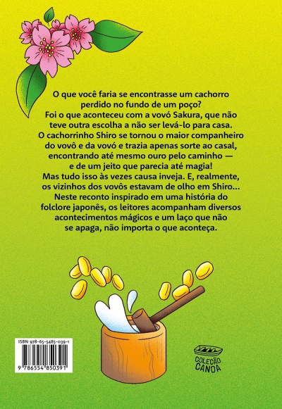 Contracapa de livro com texto em português, ilustração de flores, pilão de madeira, moedas douradas e selo Coleção Canoa.