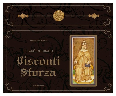 Caixa do Tarot Visconti Sforza com imagem de carta de mulher sentada e texto em castanho e dourado.