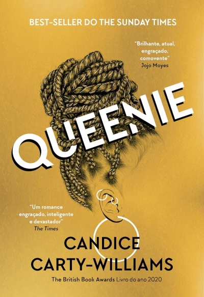 Capa de livro com cabelo trançado e título QUEENIE em amarelo