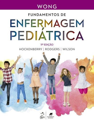 Capa de livro Fundamentos de Enfermagem Pediátrica com crianças a saltar e texto colorido