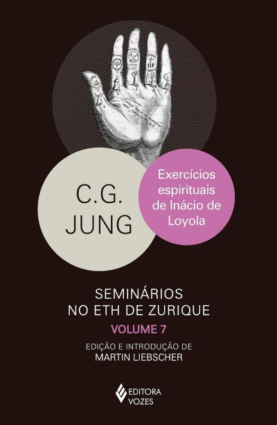 Capa de livro com ilustração de mão e textos sobre C.G. Jung e exercícios espirituais