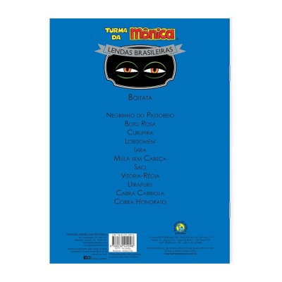 Capa traseira azul de livro com texto e lista de lendas brasileiras