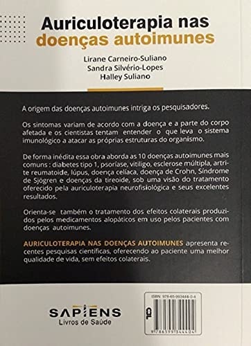 Contracapa do livro Auriculoterapia nas doenças autoimunes com texto explicativo e informações editoriais.