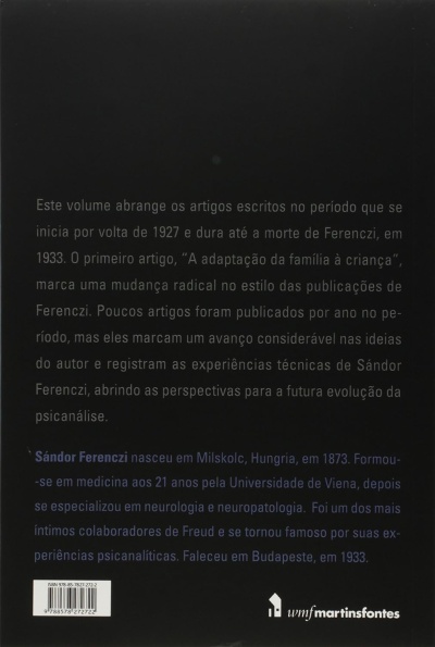 Capa traseira de livro preto com texto branco e azul sobre artigos de Sándor Ferenczi e dados editoriais