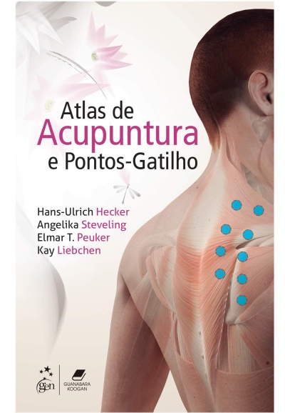 Capa de livro sobre acupuntura com ilustração anatómica das costas humanas e pontos azuis marcados
