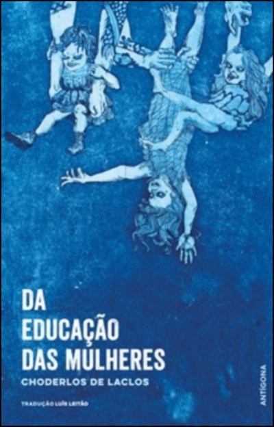 Capa do livro Da educação das mulheres com fundo azul e ilustração de figuras femininas invertidas