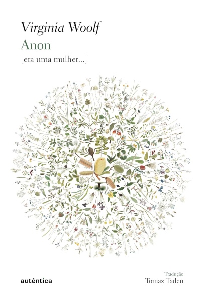 Capa de livro com ilustração de plantas e texto sobre Virginia Woolf