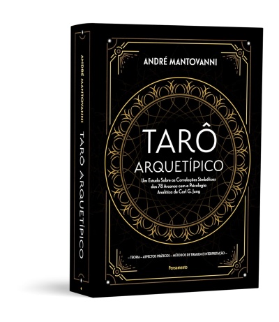 Capa de livro preto e dourado chamado TARÔ ARQUETÍPICO de André Mantovanni.