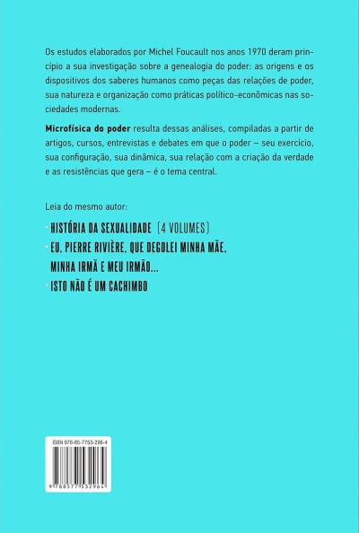 Capa traseira de livro azul com texto sobre Michel Foucault e código de barras.