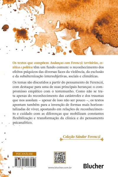 Capa traseira de livro com manchas castanho-alaranjadas, texto em português e código de barras