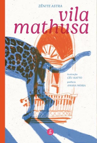 Capa de livro com título vila mathusa e ilustração abstrata em azul e laranja