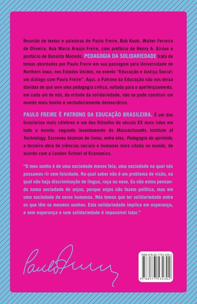 Capa rosa de livro com texto sobre Paulo Freire e código de barras.