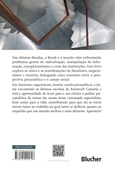 Contracapa de livro com texto em português, código de barras e logótipo Blucher, fundo branco e escada metálica cinza com corrimão de madeira