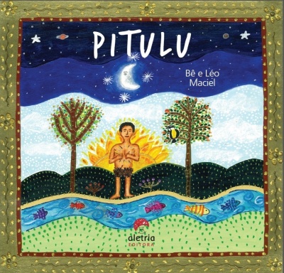 Capa de livro colorida com homem, árvores, rio e céu estrelado com texto.
