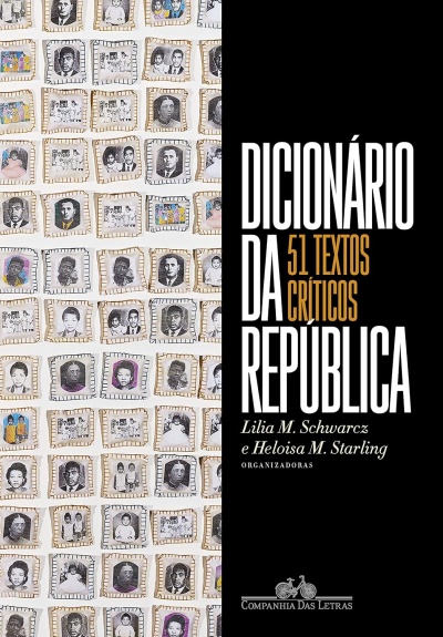 Capa do livro Dicionário da República com texto e imagens em padrão.
