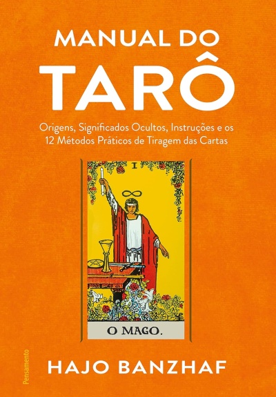 Capa de livro Manual do Tarô com carta do tarô O Mago e fundo laranja