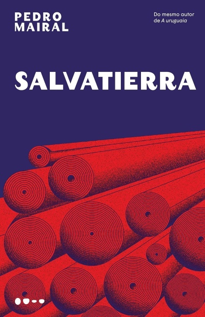 Capa de livro com troncos vermelhos e texto branco em fundo azul