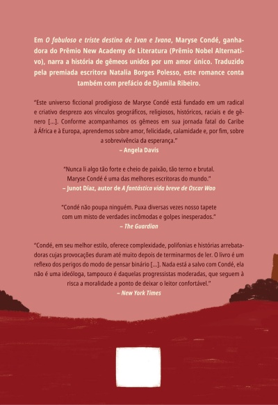 Fundo vermelho e castanho com texto em português sobre o livro O fabuloso e triste destino de Ivan e Ivana