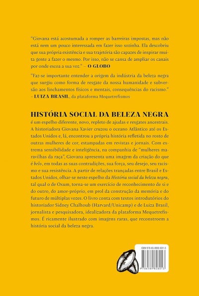 Contracapa amarela de livro sobre história social da beleza negra com texto em português e código de barras