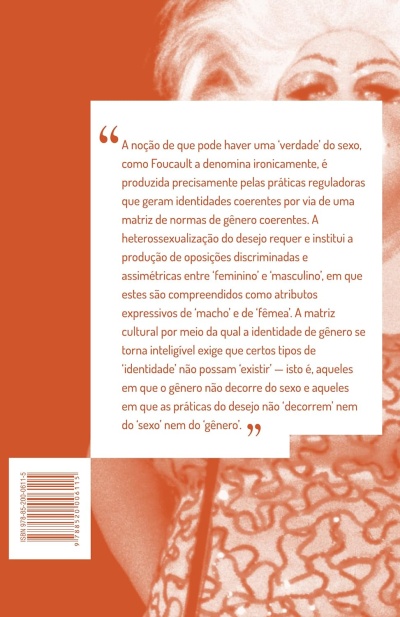 Contracapa de livro com texto sobre identidade de género em português e código de barras