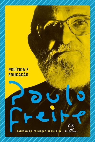 Capa de livro amarela e azul com retrato de homem e texto sobre Paulo Freire