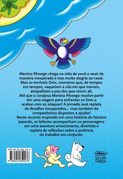 Texto e ilustrações relacionadas à história de Menina Pêssego sobre fundo azul