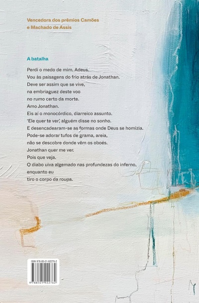 Parte de trás do livro com poema A batalha e detalhes artísticos coloridos