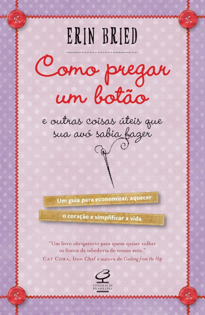 Capa de livro com título Como pregar um botão em tons roxo e rosa com botões vermelhos nas pontas