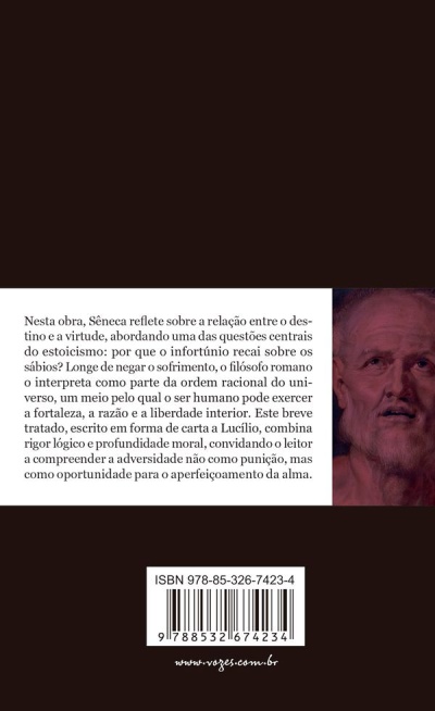 Contracapa de livro sobre Sêneca com texto em português, código de barras e busto clássico