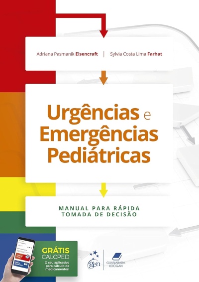 Capa de livro sobre urgências e emergências pediátricas com design colorido e aplicativos em destaque