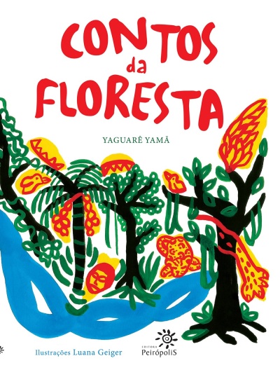 Capa do livro Contos da Floresta com ilustrações coloridas de floresta e rio