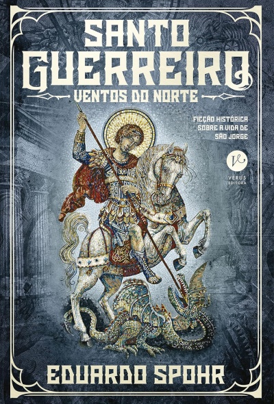 Capa de livro com mosaico de São Jorge a cavalo e texto Santo Guerreiro de Eduardo Spohr