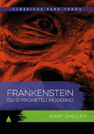 Capa de livro Frankenstein com rosto texturizado em laranja e texto em azul e verde