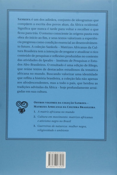 Contracapa de livro azul com texto em português e código de barras