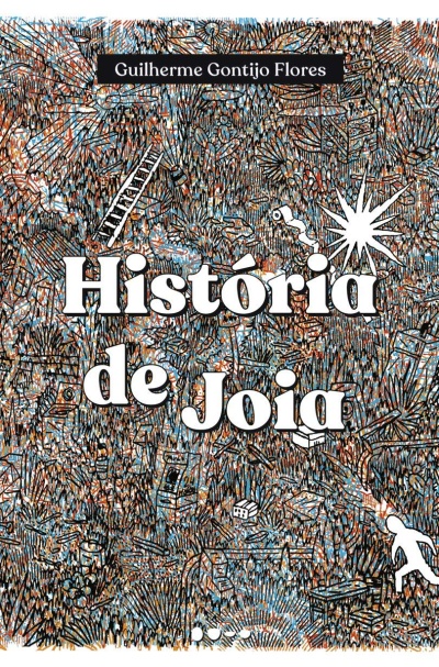 Capa de livro História de Joia com ilustrações abstratas em azul, castanho e branco.