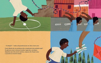Ilustração de crianças brincando em diferentes cenários com texto em português.