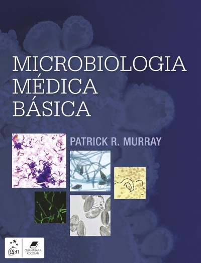 Capa do livro Microbiologia Médica Básica com imagens microscópicas e texto