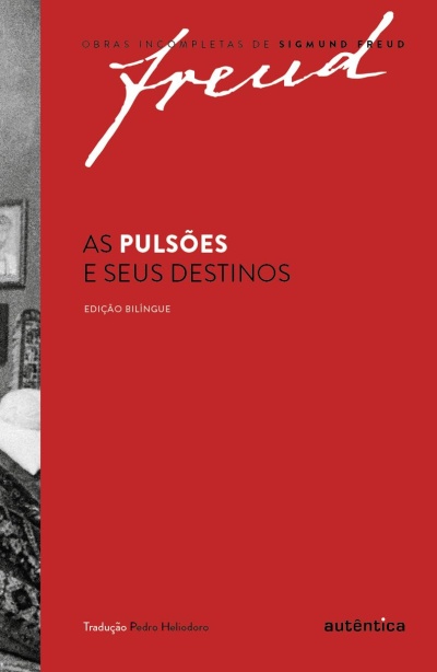 Capa de livro vermelho com título AS PULSÕES E SEUS DESTINOS e texto relacionado a Sigmund Freud