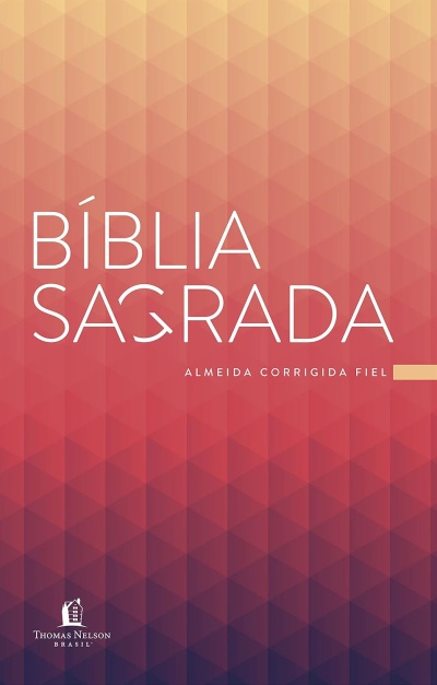Capa de Bíblia Sagrada com cores vermelho e bege e texto branco.