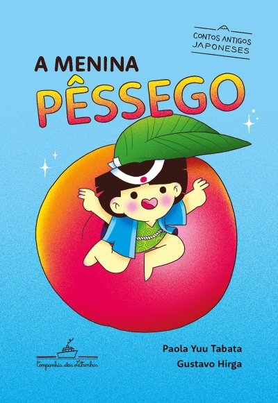 Capa de livro infantil A Menina Pêssego com ilustração de menina numa pêra