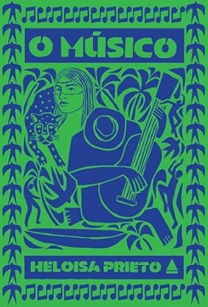 Capa de livro O Músico com ilustração de mulher, gato e guitarra em verde e azul