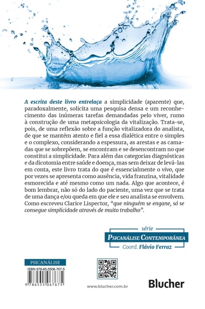 Contracapa de livro com texto e imagem de splash de água azul