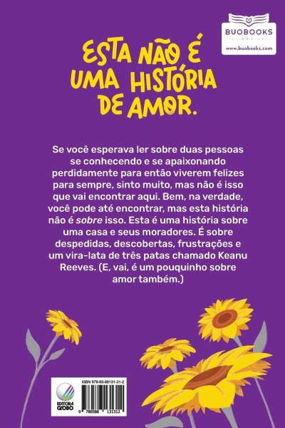 Capa de livro roxa com texto amarelo e branco e ilustrações de girassóis