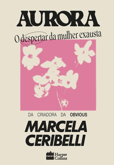 Capa de livro AURORA com flores brancas sobre fundo rosa e texto em preto em fundo bege