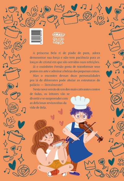 Contracapa de livro com texto em português e ilustrações de duas personagens e utensílios de cozinha em fundo laranja.