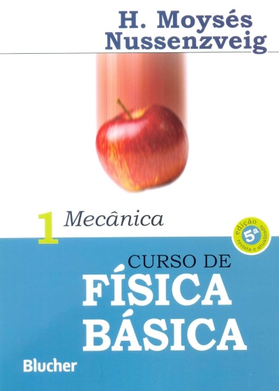 Capa de livro de física básica com maçã vermelha e texto em azul e branco.